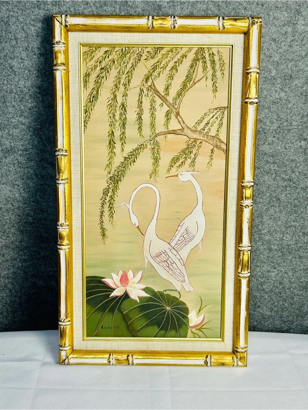 VTG Bamboo-Look Gold Framed Crane & Lotus Chinoiserie Wall Art Asian Inspired